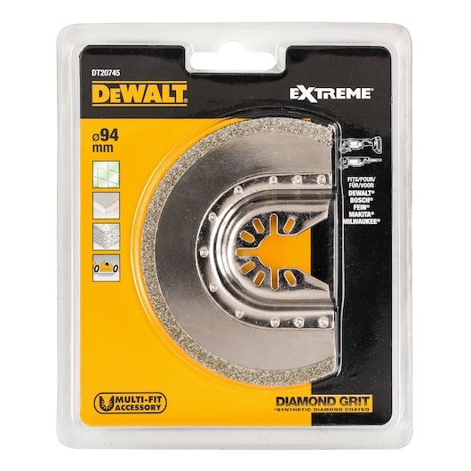 DEWALT DT20745 diamond grit blade in packaging, 94mm, multi-fit accessory for cutting tiles and masonry.