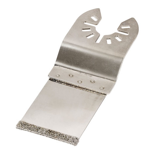 DEWALT DT20746 flat metallic oscillating tool blade attachment with abrasive edge for cutting and scraping.
