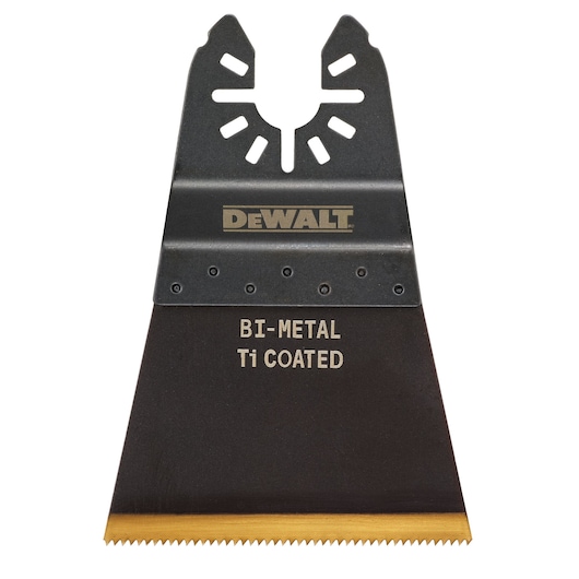 DEWALT bi-metal Ti coated saw blade attachment, shaped with a flat wide body and sharp teeth along the lower edge, used for cutting with oscillating tools.