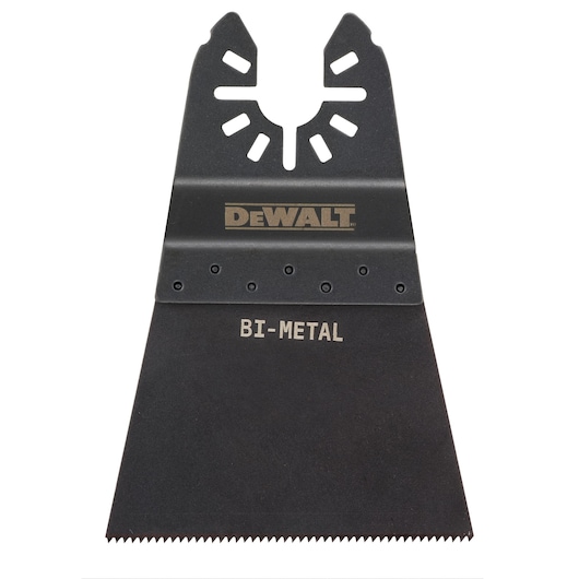 Close-up of a DEWALT bi-metal oscillating multi-tool blade attachment with a wide, flat, angled cutting edge and toothed blade for cutting applications.