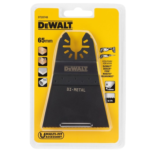 DEWALT DT20748 bi-metal saw blade, multi-fit accessory, 65mm, in yellow packaging for wood and PVC.