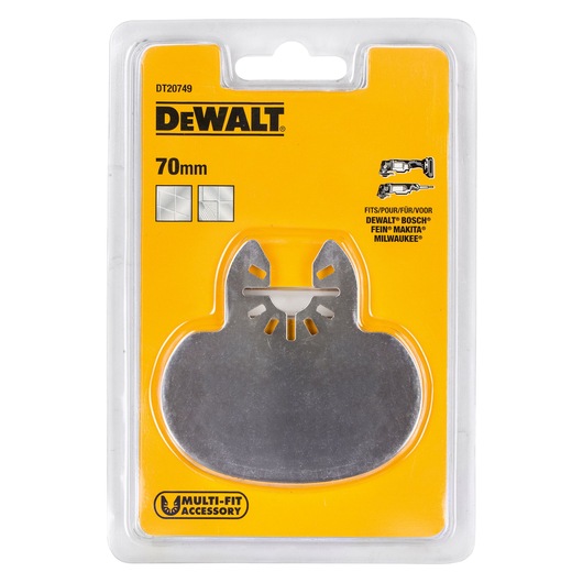 DEWALT DT20749 70mm multi-fit accessory blade in yellow packaging, suitable for cutting tiles and grout.