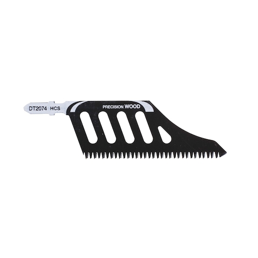 DEWALT DT2074 precision wood saw blade for cutting tasks, black with silver fitting, shown on white background.