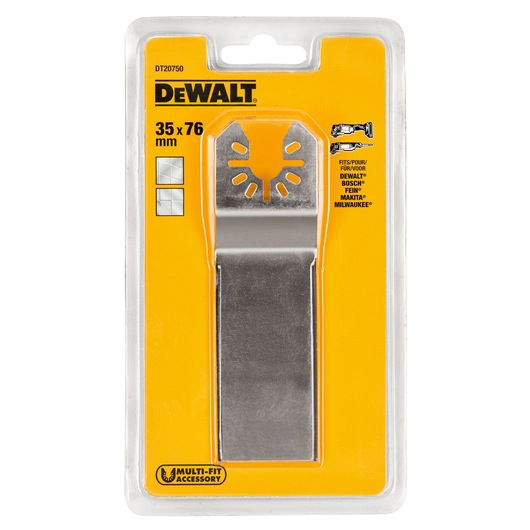 DEWALT DT20750 multi-fit accessory for oscillating tools, 35x76mm, in yellow retail packaging.