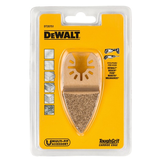 DEWALT DT20751 carbide edge sanding accessory in yellow blister pack for multi-fit oscillating tools.