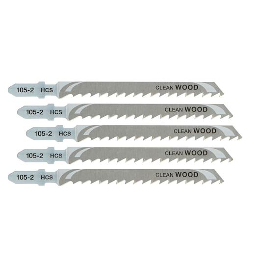 Set of five DEWALT DT2075 jigsaw blades for clean wood cutting, silver color, labeled HCS 105-2.