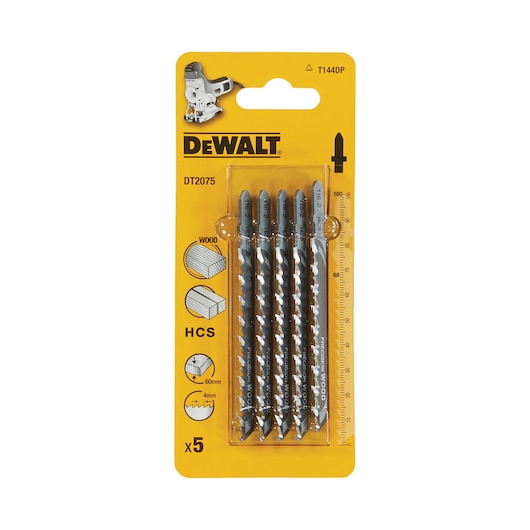 DEWALT DT2075 pack of five jigsaw blades for wood, displayed in yellow packaging with product icons.