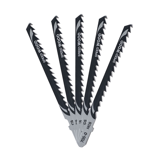 Five DEWALT jigsaw blades for wood cutting, black and silver, marked SPEED WOOD, fanned out on white background.