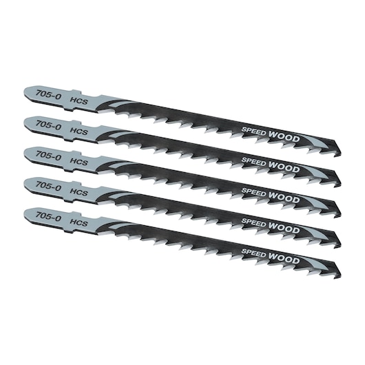 Set of five DEWALT DT2077 jigsaw blades for wood, labeled HCS and SPEED WOOD, arranged in a row.