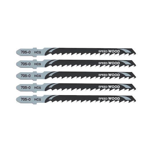 Five DEWALT DT2077 jigsaw blades for wood cutting, arranged horizontally on a white background.