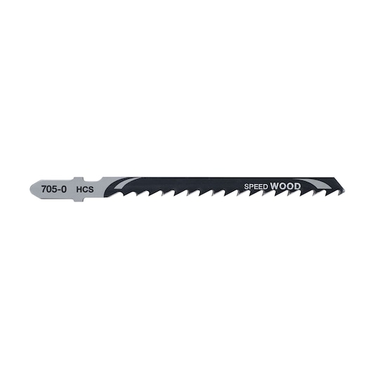 DEWALT DT2077 jigsaw blade for wood, with sharp teeth and labeled for speed cutting.
