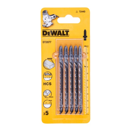 DEWALT DT2077 pack of 5 jigsaw blades for wood, HCS material, shown in yellow packaging.