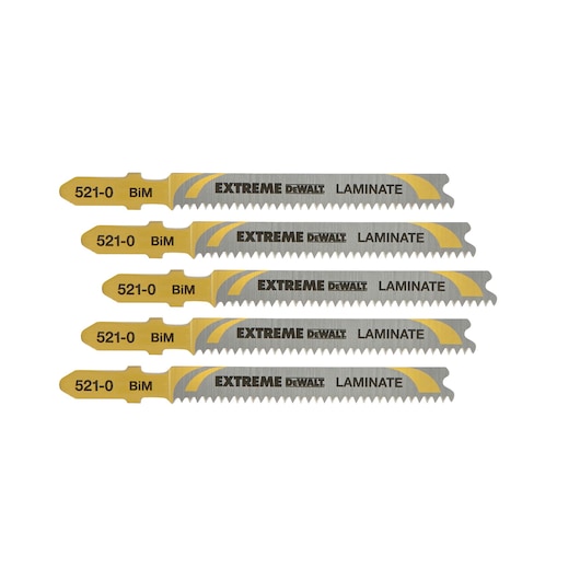 Five DEWALT DT2080 jigsaw blades for laminate, yellow and silver, arranged side by side on a white background.