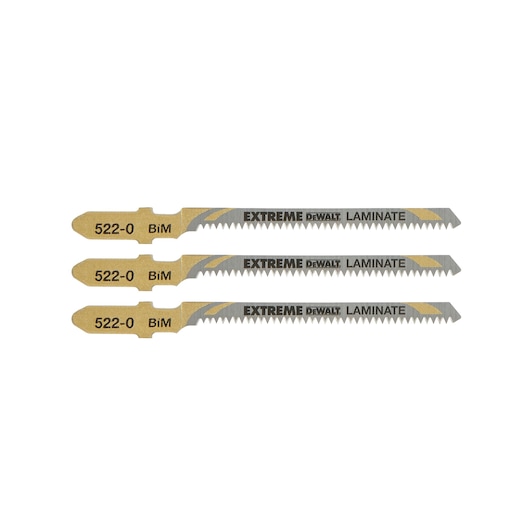 Three DEWALT DT2081 jigsaw blades for laminate cutting, gold and silver, arranged side by side on a white background.