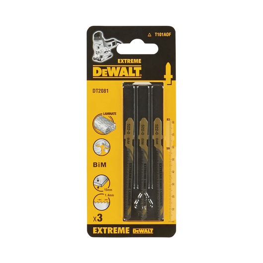DEWALT DT2081 Extreme jigsaw blades pack of 3 for laminate cutting, in yellow and black packaging.