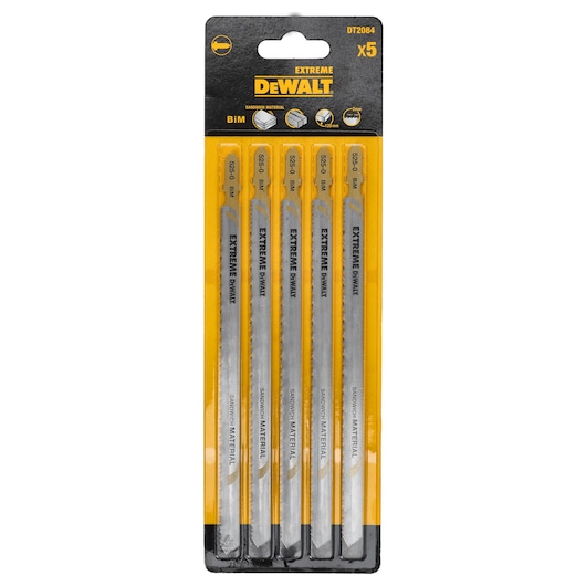 DEWALT jigsaw blades pack, Photography, SKUs: DT2084, DT2084-QZ, 5 blades included.