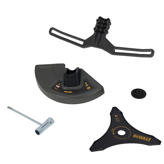 DEWALT DT20904 accessory set for gardening power tools, including a black guard, a three-edged cutting blade, a blade holder, a wrench tool, and a mounting washer, all displayed on a white background.