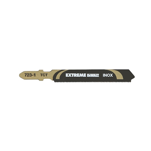 DEWALT DT2101 Extreme INOX jigsaw blade for cutting metal, shown isolated on a white background.