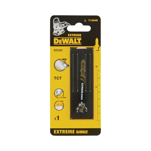DEWALT DT2101 Extreme TCT jigsaw blade in yellow packaging, shows blade specifications and usage icons.