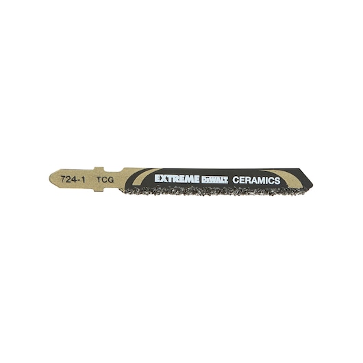 DEWALT DT2102 Extreme Ceramics jigsaw blade for cutting tiles. Black and gold blade with grit edge.