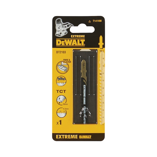 DEWALT jigsaw blade for fibre and plaster, photography, DT2103-QZ, DT2103 SKU, in yellow-black packaging.