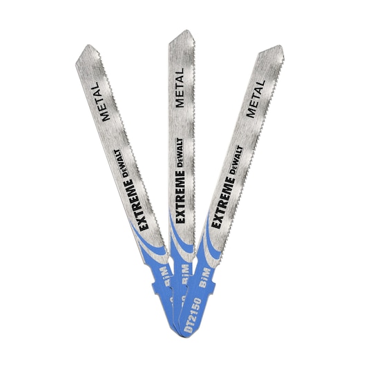 Three DEWALT DT2150 Extreme metal jigsaw blades with blue bases, arranged in a fan shape.