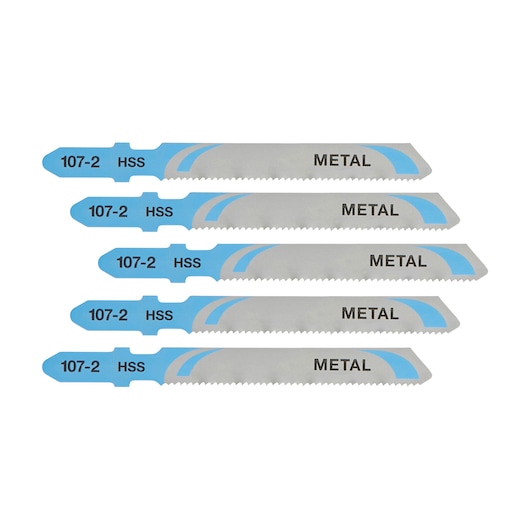 Five DEWALT DT2160 metal cutting jigsaw blades, silver with blue ends, arranged in a row on a white background.