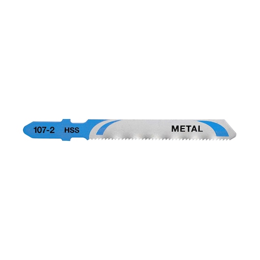 A Dewalt DT2160 HSS metal jigsaw blade with blue and silver coloring and fine teeth.