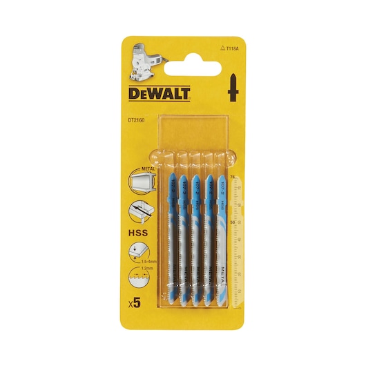 DEWALT DT2160 pack of 5 metal jigsaw blades in yellow packaging, suitable for cutting metal, HSS material.