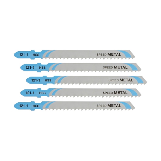 Five DEWALT DT2163 metal cutting jigsaw blades with blue and silver design, labeled HSS and SPEED METAL.