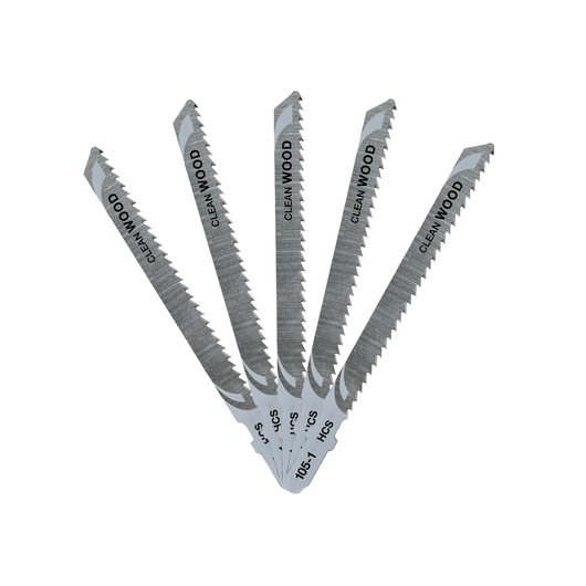 A set of five DEWALT jigsaw blades arranged in a fan shape, each labeled 'CLEAN WOOD' and designed for cutting wood.