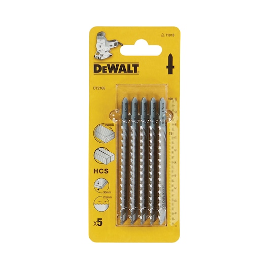 DEWALT DT2165 pack of 5 jigsaw blades for wood, HCS material, on yellow branded card packaging.