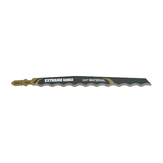 DEWALT DT2201 jigsaw blade for soft materials, extreme series, with wavy edge and black-gold color.