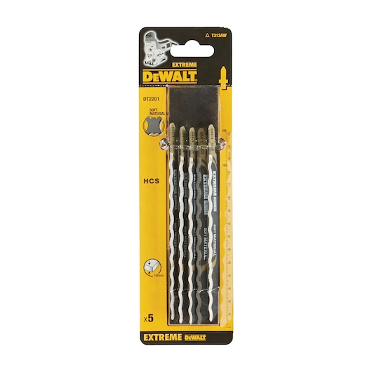 DEWALT DT2201 pack of five jigsaw blades for soft materials, HCS type, in yellow and black packaging.