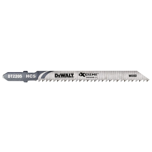 DEWALT DT2205 jigsaw blade for wood, metal finish, labeled Extreme Precision Cut, HCS material.
