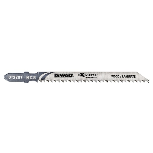 DEWALT DT2207 jigsaw blade for wood and laminate, metal finish with sharp teeth and product branding.