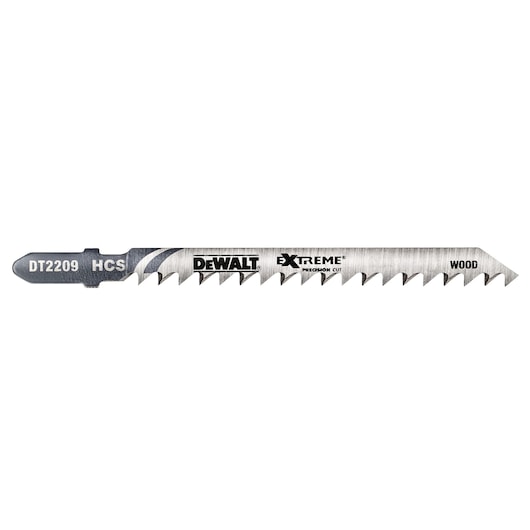 DEWALT DT2209 jigsaw blade for wood, silver color, marked Extreme Precision Cut.