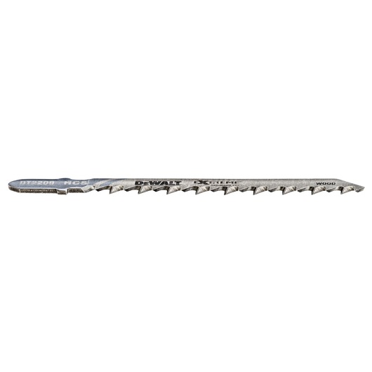 DEWALT DT2209 jigsaw blade for wood, showing sharp teeth and metal construction against a white background.