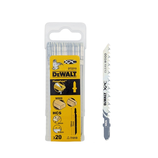DEWALT DT2210 wood jigsaw blades pack shown with a single blade beside the sealed case.