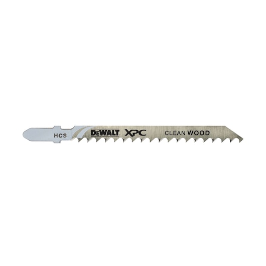 DEWALT XPC jigsaw blade for clean wood cutting, silver color with sharp teeth, model DT2210.