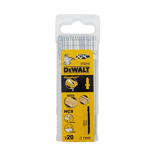 DEWALT DT2210 jigsaw blades for wood, pack of 20, in plastic packaging with yellow label and product info.