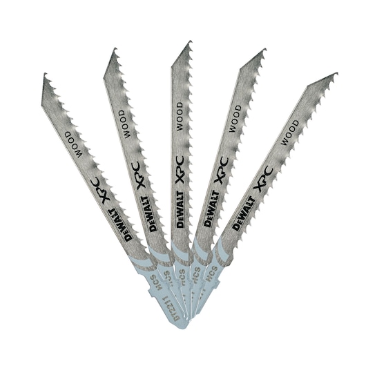 Five DEWALT XPC jigsaw blades for wood, arranged in a fan shape, silver color.