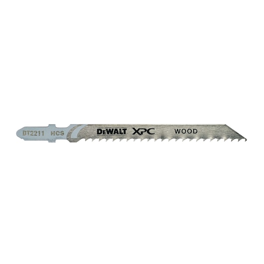 DEWALT DT2211 XPC jigsaw blade for wood, silver with sharp teeth, photographed on white background.