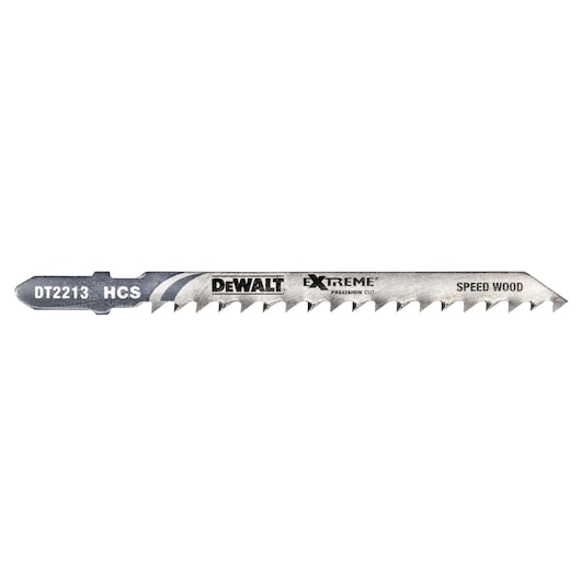 DEWALT DT2213 jigsaw blade for wood cutting, extreme series, metal, labeled with product details.