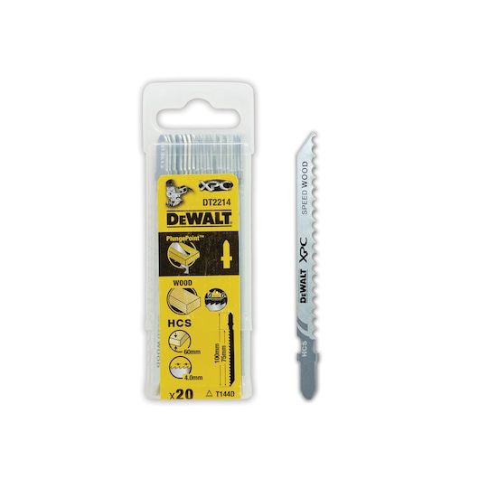 DEWALT DT2214 XPC jigsaw blade set for wood in yellow packaging, one blade shown next to the pack.