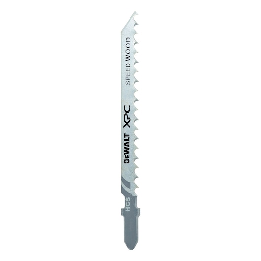 DEWALT DT2214 jigsaw blade for wood cutting, silver, labeled Speed Wood, with sharp teeth.