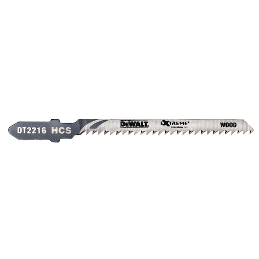 DEWALT DT2216 HCS jigsaw blade for wood, silver with black text, precision cut teeth.
