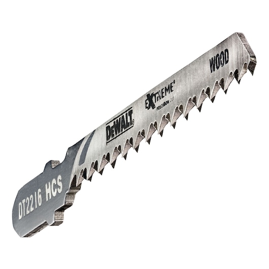 DEWALT DT2216 HCS jigsaw blade for wood, precision cut, silver with sharp teeth and product markings.