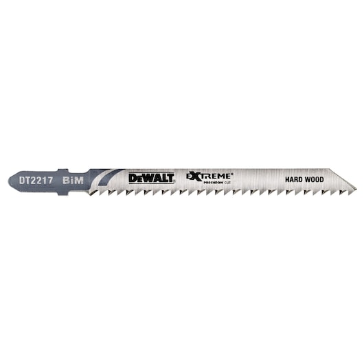 DEWALT DT2217 Extreme jigsaw blade for hard wood, silver color, labeled for precision cutting.