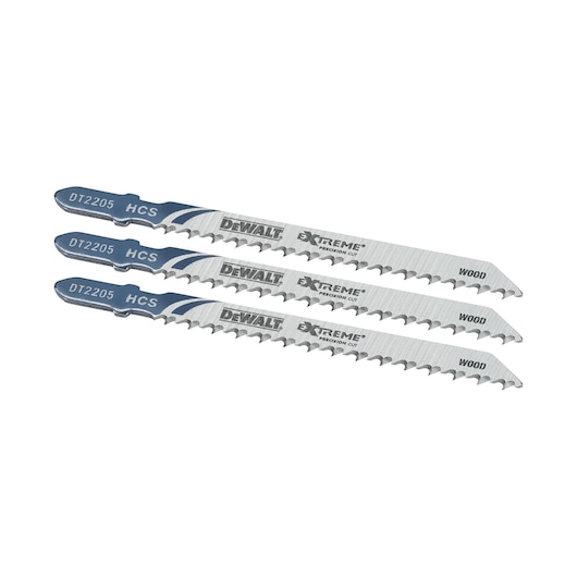 Three DEWALT DT2205 jigsaw blades for wood cutting, labeled HCS and Extreme Precision Cut.
